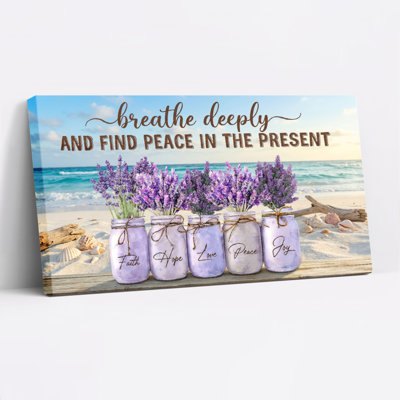 Breathe Deeply And Find Peace In The Present Lavender Mason Jars Beach Scene Canvas Wrapped Wall Art Oil Painting Print