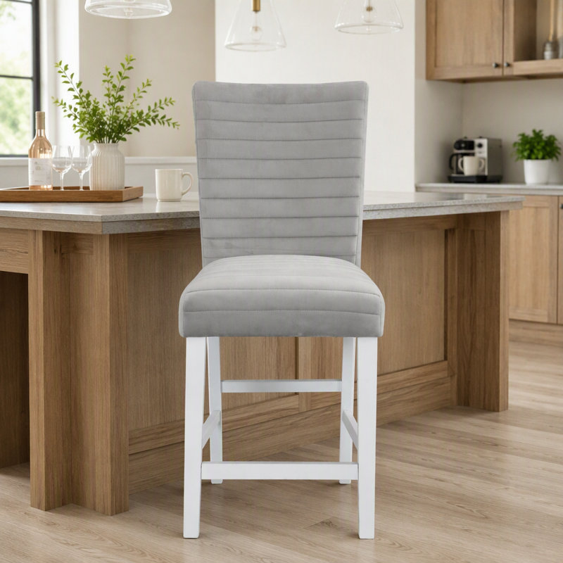 Ensemble de 2 chaises à hauteur de comptoir en velours gris et blanc brillant