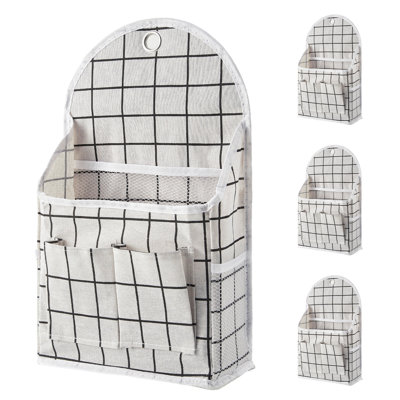 4 sacs de rangement muraux avec revêtement imperméable, base en PVC, double poches avant et filet latéral, organisateur en lin de coton