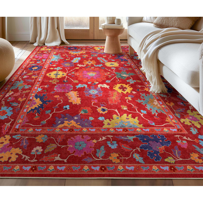 Bungalow Rose Adrith Bodrum Vintage Bohemian Floral Red Area Rug, Rectangle 6' x 9'