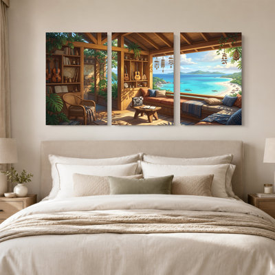 Ensemble de 3 toiles en bois avec plantes tropicales et vue sur la plage
