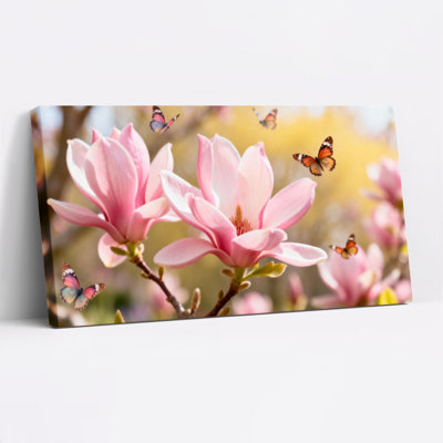 «Magnolia Flowers and Butterflies», reproduction d'art sur toile tendue sur toile, ensemble de 1