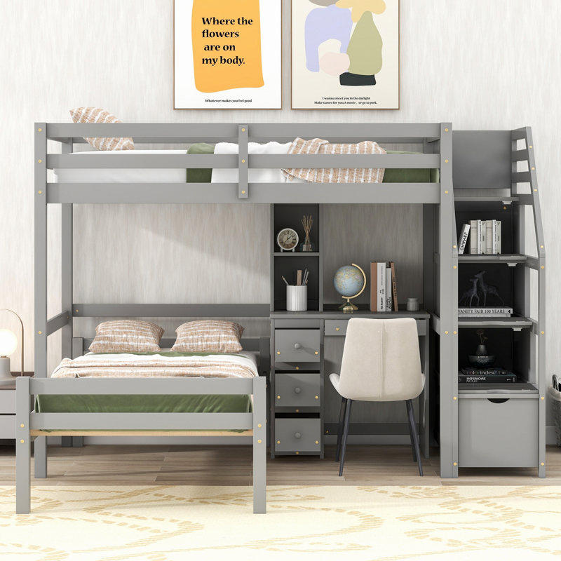 Lit mezzanine avec lit autonome, escalier de rangement, bureau, tablettes et tiroirs, Gris