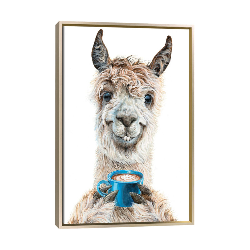 «Llama Latte» par Holly Surant - reproduction d'art, H 48 po x l 32 po x P 1,5 po, Toile encadrée champagne, Pas de tapis