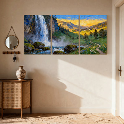Scenic & Cityscapes Waterfall Mountain Landscape Valley Path Trees Sky Set of 3 Canvas Wall Art Prints