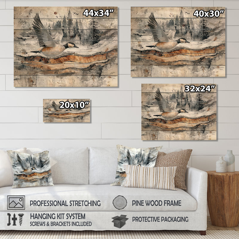 «Goose Animals Into A Winter Horizon II» - Décoration murale animal en bois d'oie - sur bois de pin naturel