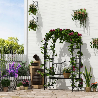 Treillis en métal avec banc pour l'extérieur - 484 lb Capacité de poids, arche et décoration à finition noire, capacité