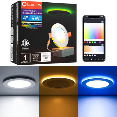 Lumary 4" Smart LED Recessed Light Pro, RGB/Night Ring, Adjustable 2700K-6500K,9W 780LM, Wi-Fi & Bluetooth Control, Works with Alexa & Google Assistan