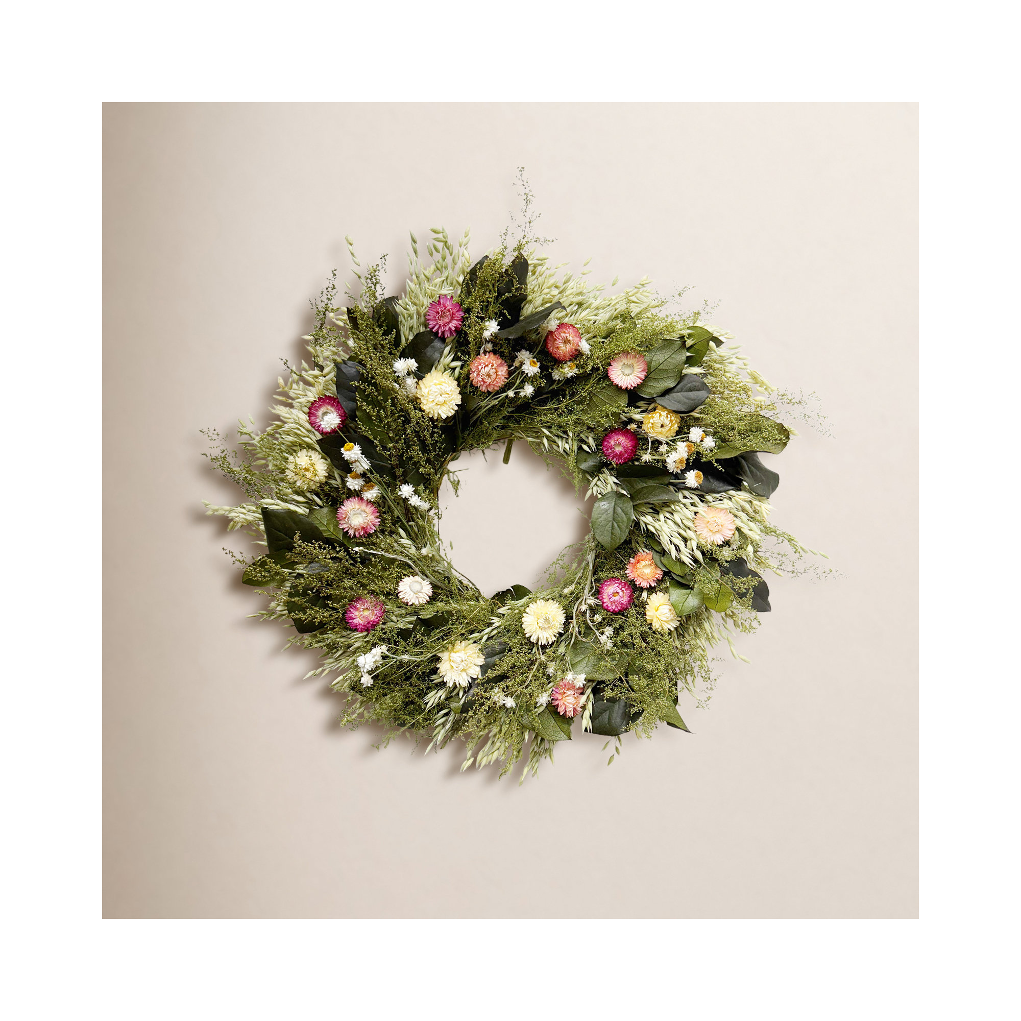 Preserved Leaves and Strawflowers Wreath, 22" W x 22" H x 5" D
