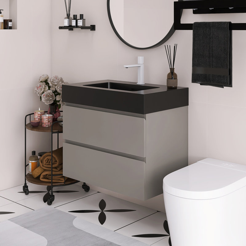 Meuble-lavabo flottant mural 30 po avec lavabo, Noir, Gris