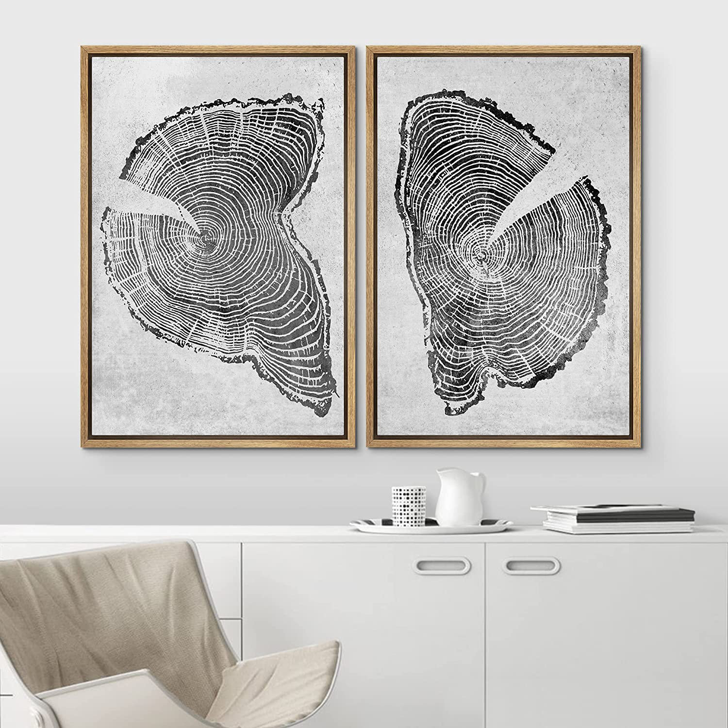 IDEA4WALL Framed Canvas Print Wall Art Set Black White Grunge Wood Tree ...