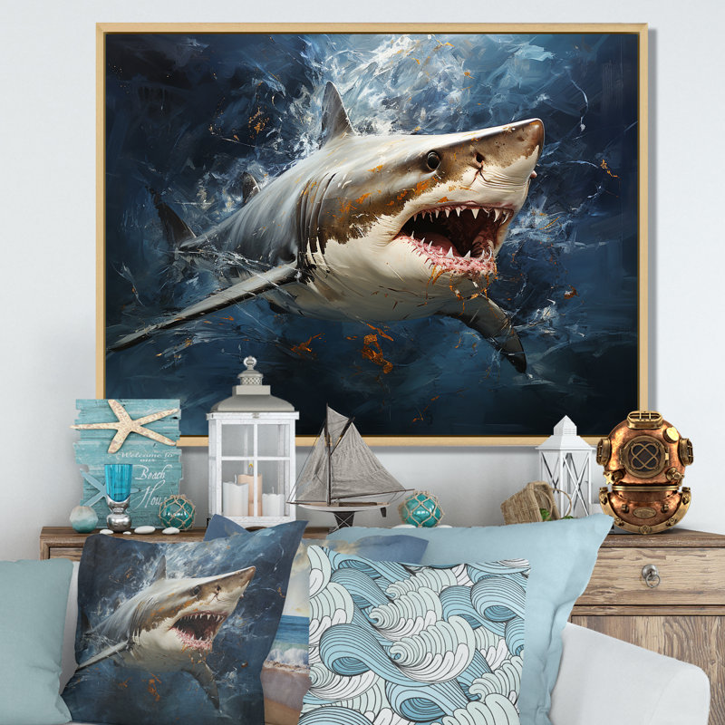 Underwater Shark Attack III - Sharkwall Art, 30" H x 40" W x 1.5" D, Brown Floater Framed