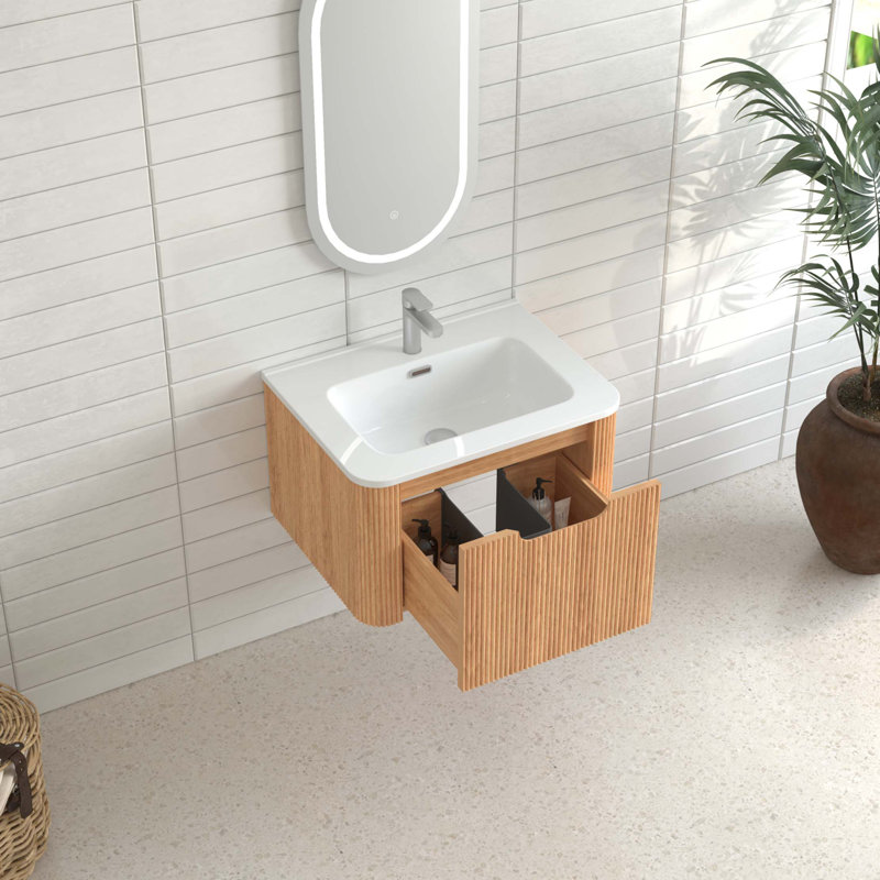 24" Wall-Mounted Floating Bathroom Vanity Pre-Assembled Curved Edge Storage Bathroom Cabinet With Ceramic Basin, 24"