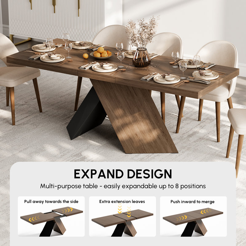 63''-79'' Farmhouse Style Extendable Walnut Dining Table Seats 6-8 People, Brown