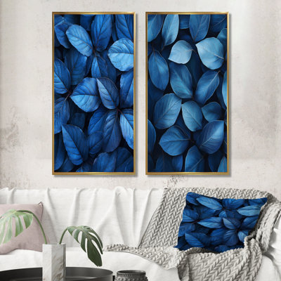 «Midnight Blue Leaves Tranquility I», art mural floral 2 panneaux