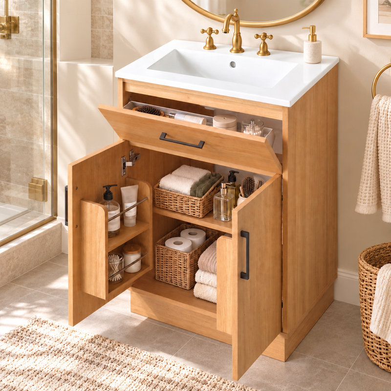 Meuble-lavabo simple autoportant de 24 po avec comptoir en céramique et rangements intégrés