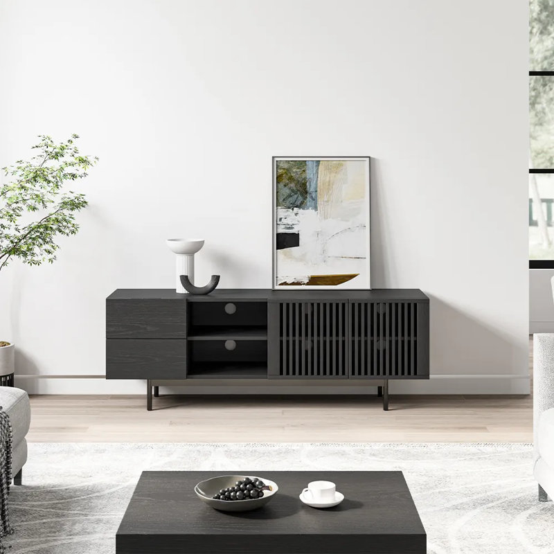 Mid-Century Modern TV Stand, Pre-Assembled, Black, 21.65"H x 62.99"L x 15.75"W