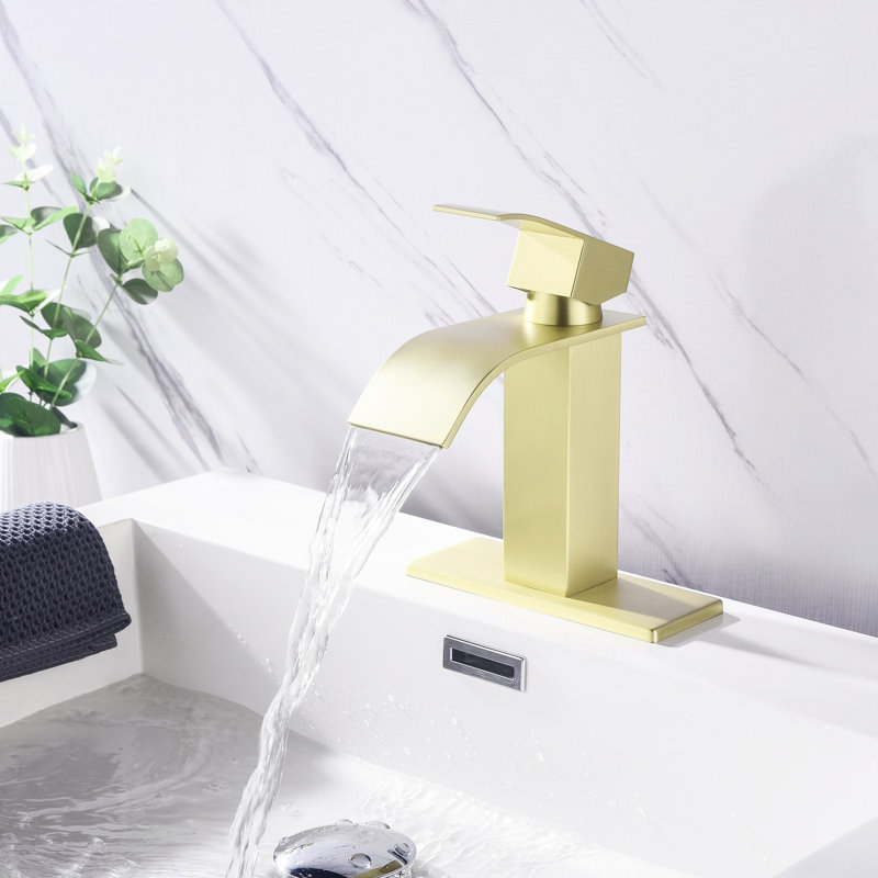Single Handle Waterfall Spout Bathroom Sink Tap , Stainless Steel With Golden Accent For Lavatory Contemporary Faucet Spout, In And Brushed Gold Finish