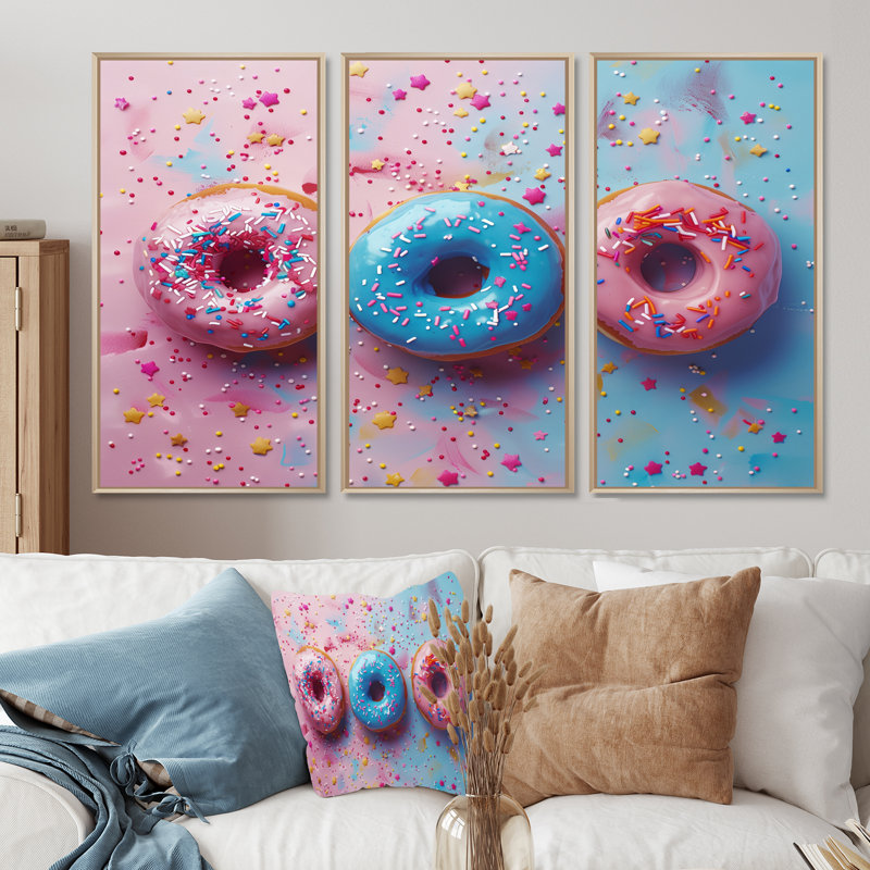 Ensemble de décorations murales délicieuses roses et bleues «Sparkle Donuts I», Toile naturelle avec cadre flottant