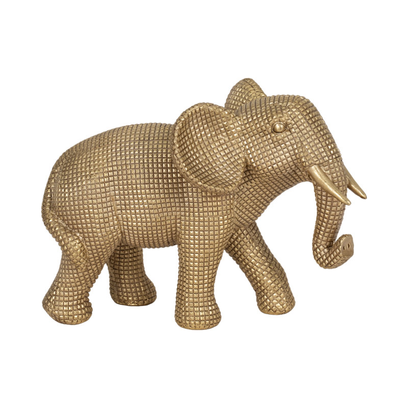 Raeville Glam Resin and Polyresin Elephant Figurine with Textured Geometric Detailing and Raised Trunk Decorative Sculpture for Modern Display