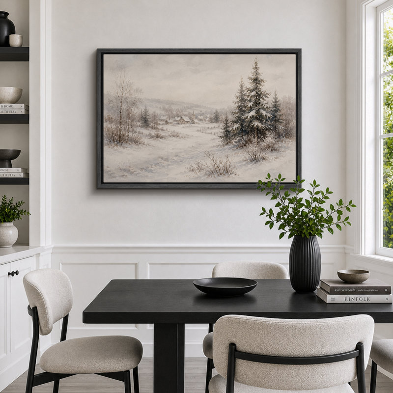 «Snowy Village Winter Landscape», chambre à coucher, impression sur toile encadrée, impression sur toile, Cadre noir