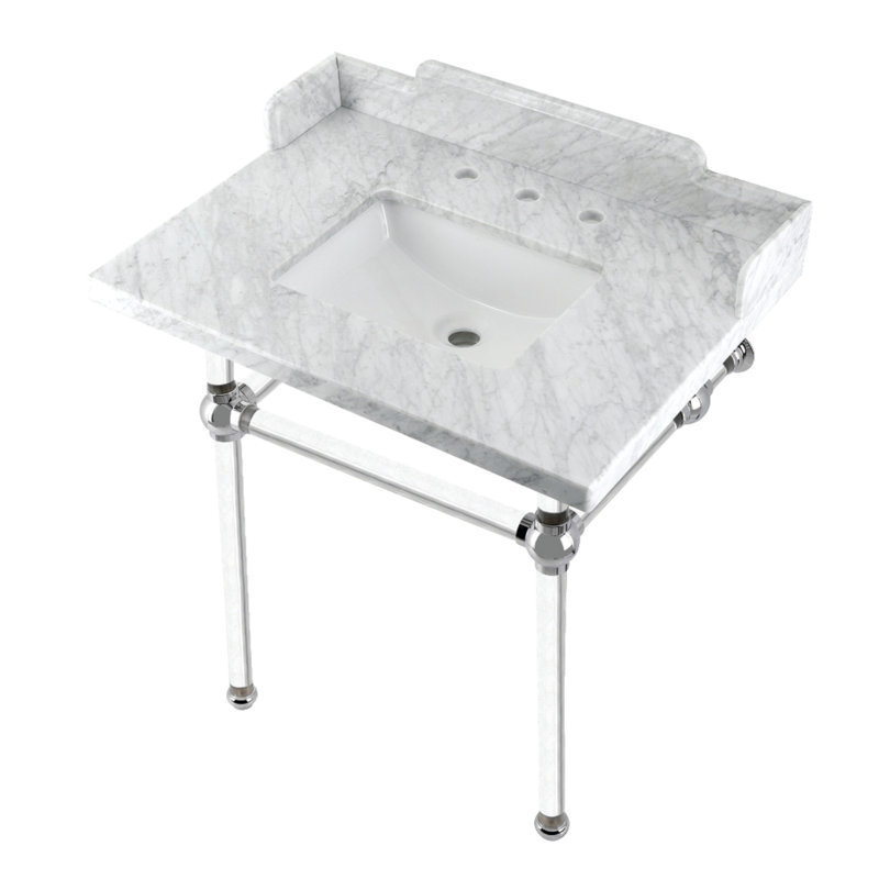 Kingston Brass Pemberton 30-Inch Carrara Marble Console Sink with Acrylic Legs (8-Inch, 3-Hole), Marble White/Polished Chrome