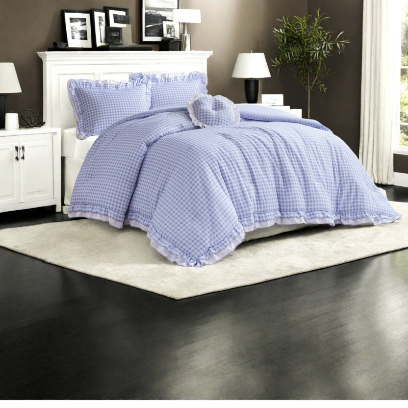 Ensembles de literie 4 pièces confortables, édredon en microfibre avec motif guingan et coussin décoratif