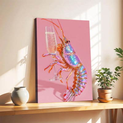 Homard à paillettes glamour tenant une coupe de champagne, style pop art, grande toile tendue sur châssis pour salon ou chambre