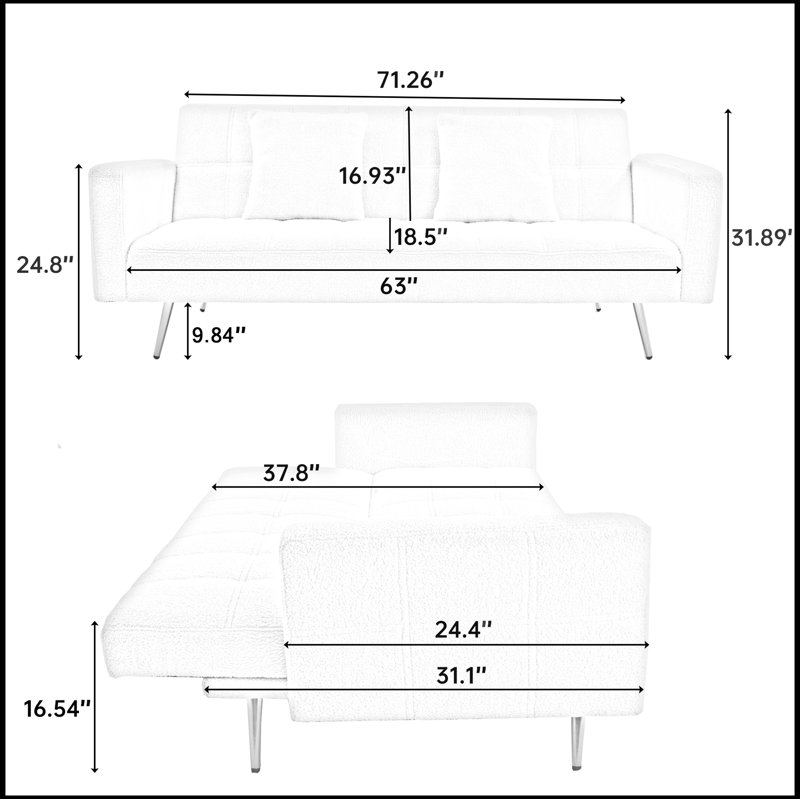Canapé-lit pliant moderne en velours 71,26 po Quiniya avec deux coussins décoratifs pour le salon, Tissu rose