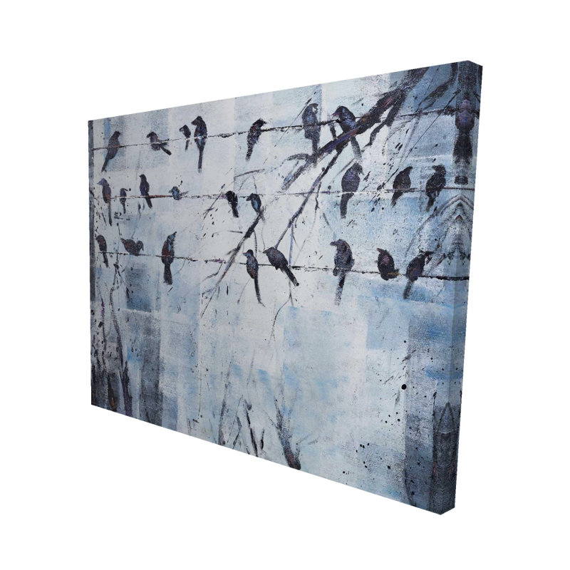 Oiseaux abstraits sur fil électrique - Toile de chambre contemporaine, H 48 po x l 60 po