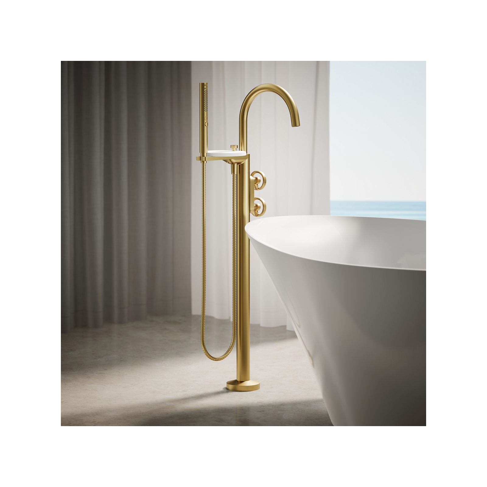 Components Floor-Mount Bath Filler Trim, Vibrant Brushed Moderne Brass, Wheel Handle