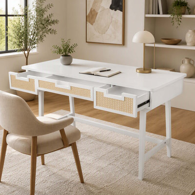 Bureau en bois et rotin de 130 cm avec 3 tiroirs en rotin, placage en bois d'hévéa et MDF. Table de console multifonctionnelle avec système antibasculement, idéale pour le salon, la chambre à coucher et le bureau. Couleur : blanc.