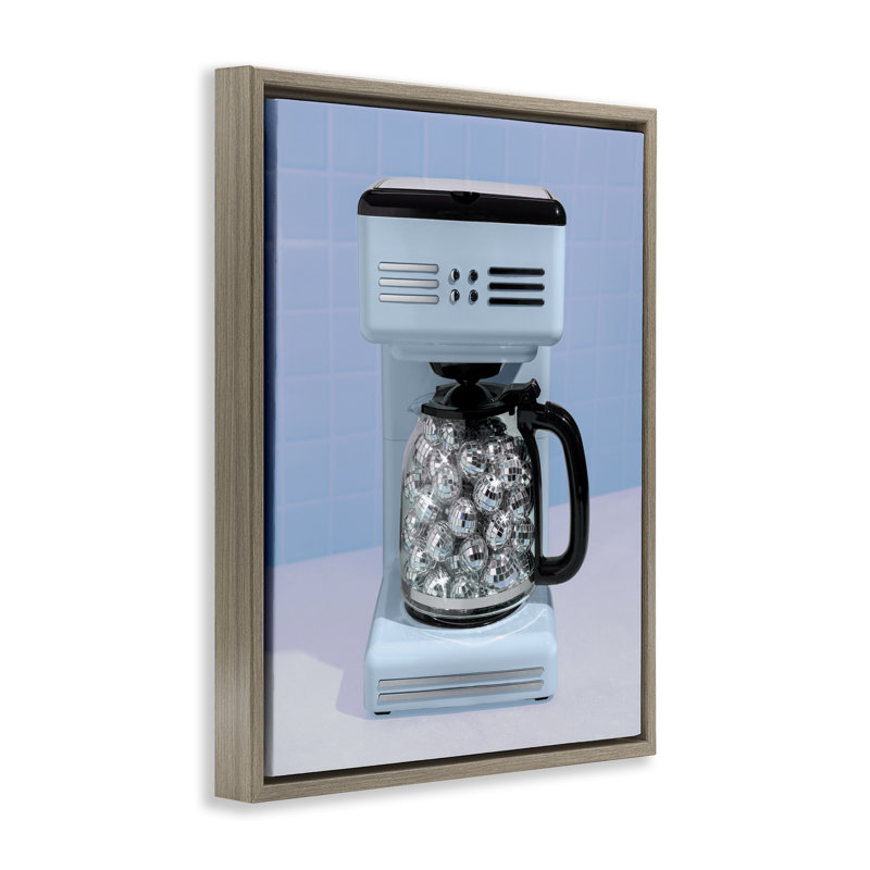 Machine à café disco sur cadre flottant bleu, design par Lish Creative, 21 x 17, Montalcino Elm Floater Framed