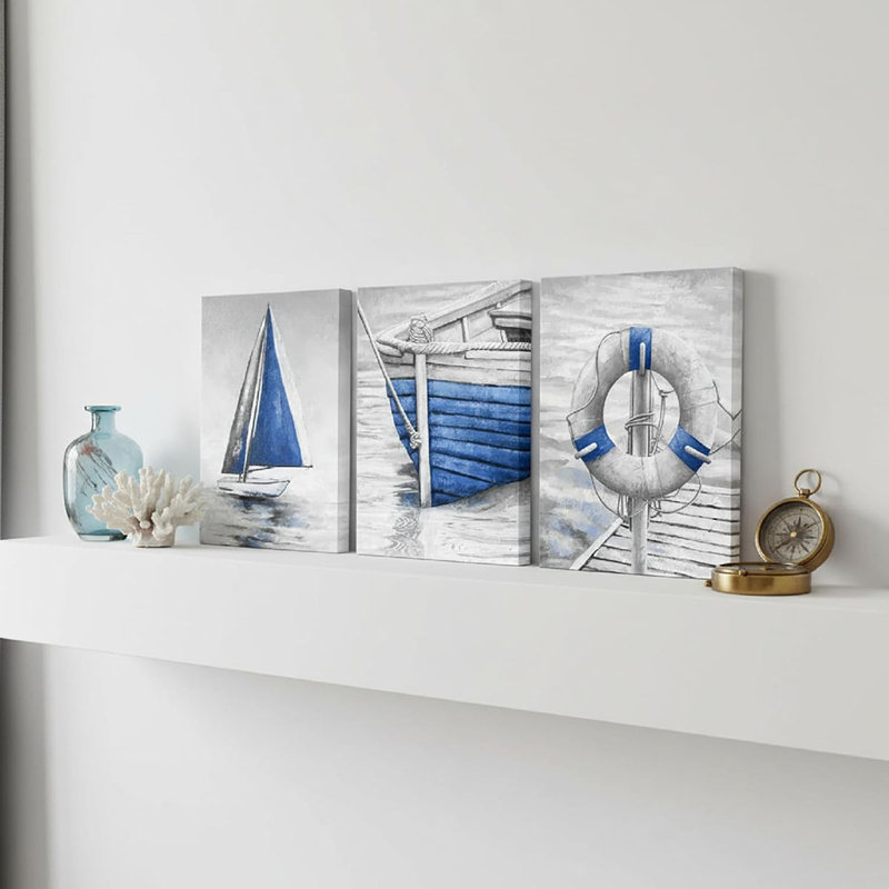 Grey and Blue Bathroom Wall Art Fishing Boat Painting Canvas Prints Modern Nautical Pictures Artwork for Bedroom (Blue)