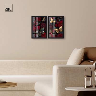 Midnight Bloom Shadowbox Print Bathroom Wall Decor Set By Art Remedy, Black Frame, 10 x 15