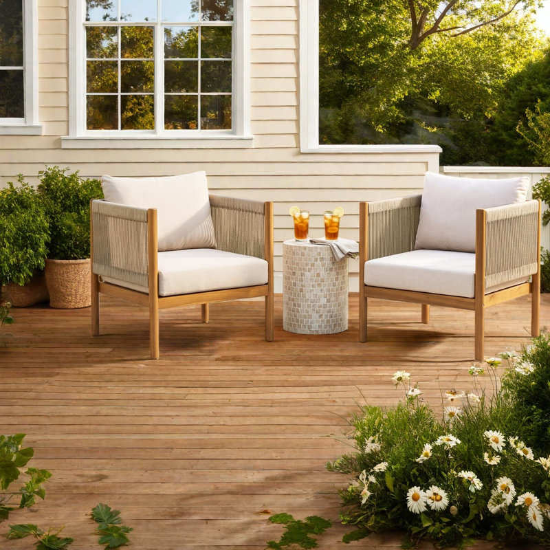 Ensemble de 2 chaises longues de patio modernes, corde en bois d'acacia pour la maison extérieure