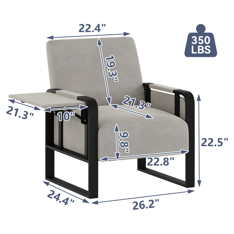 Whole Metal Frame Upholstered Accent Chair With Side Tray Table, Gray Faux Leather