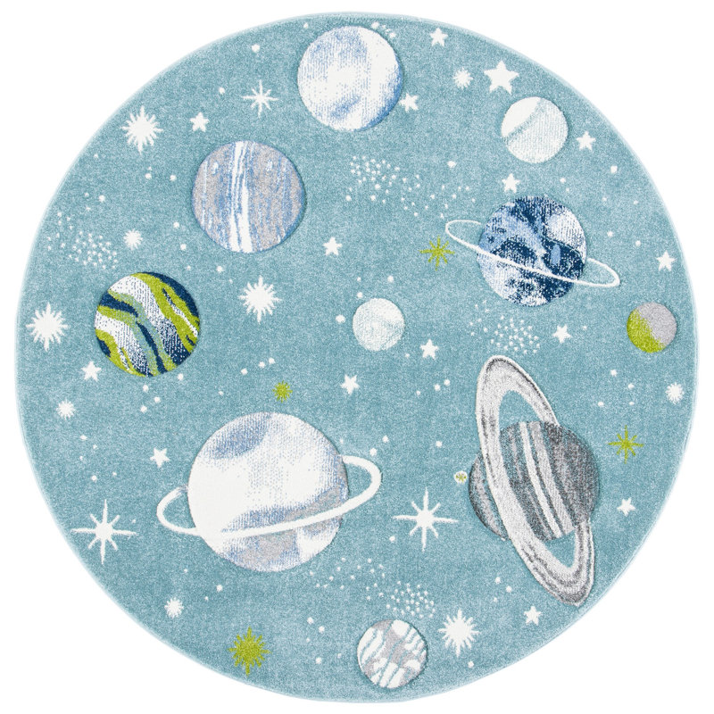Higuera Teal/Ivory/Gray Area Rug, Round 5'3"