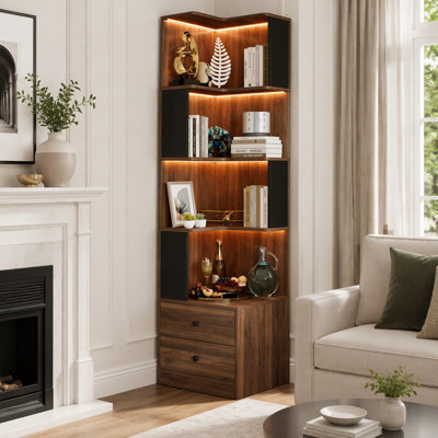 Bibliothèque d'angle avec tiroirs, bibliothèque d'angle à 4 niveaux avec déflecteur, présentoir autoportant en forme de L avec lumières à DEL pour le bureau à domicile, le salon, la chambre à coucher et la cuisine