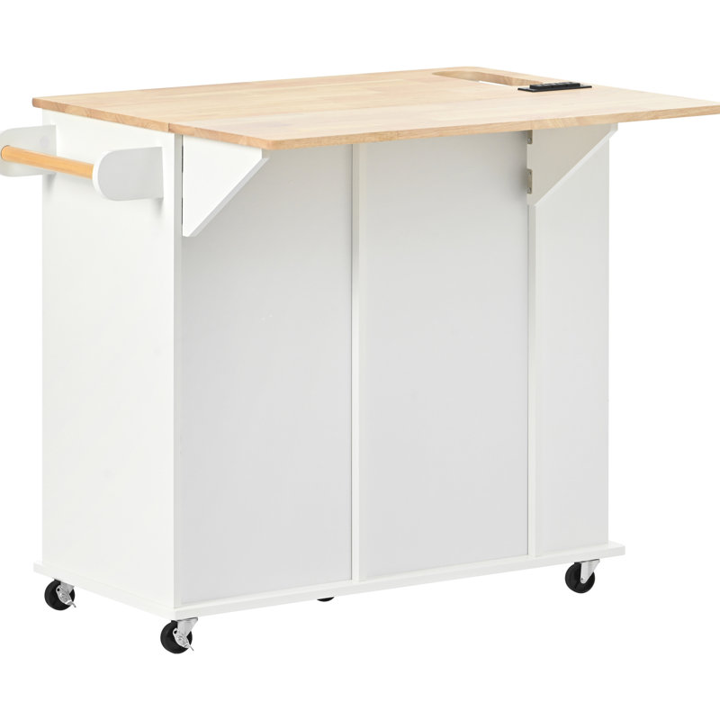 Îlot de cuisine avec prise électrique, rallonge pliable, étagère de rangement pour le vin - îlot de prise de courant de couleur blanche, finition, table à abattants, rangement, 5 roulettes mobiles, élégant et moderne