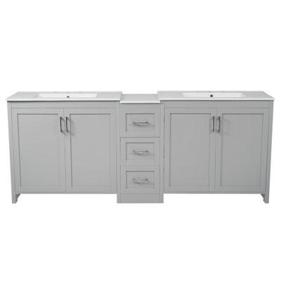 84" Double-Sink Bathroom Vanity, 2 Ceramic Sinks And A Quartz Countertop, With Adjustable Shelves And 3 Drawers, Large Storage Space, Silver Metal Handles And Soft Close Hinges Design