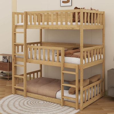 Twin-Sized Triple-Decker Rubber Wood Bunk Bed, Complete With Ladders And Guardrails