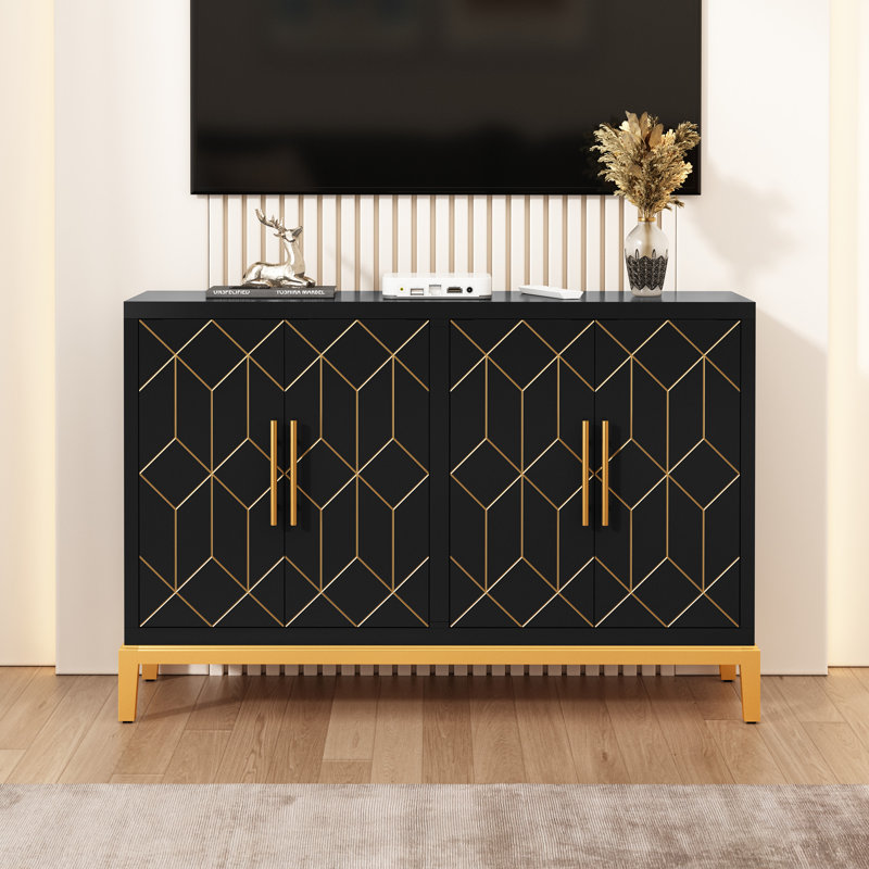 4 Doors Sideboard Buffet Cabinet with Gold Trim, Black, Black