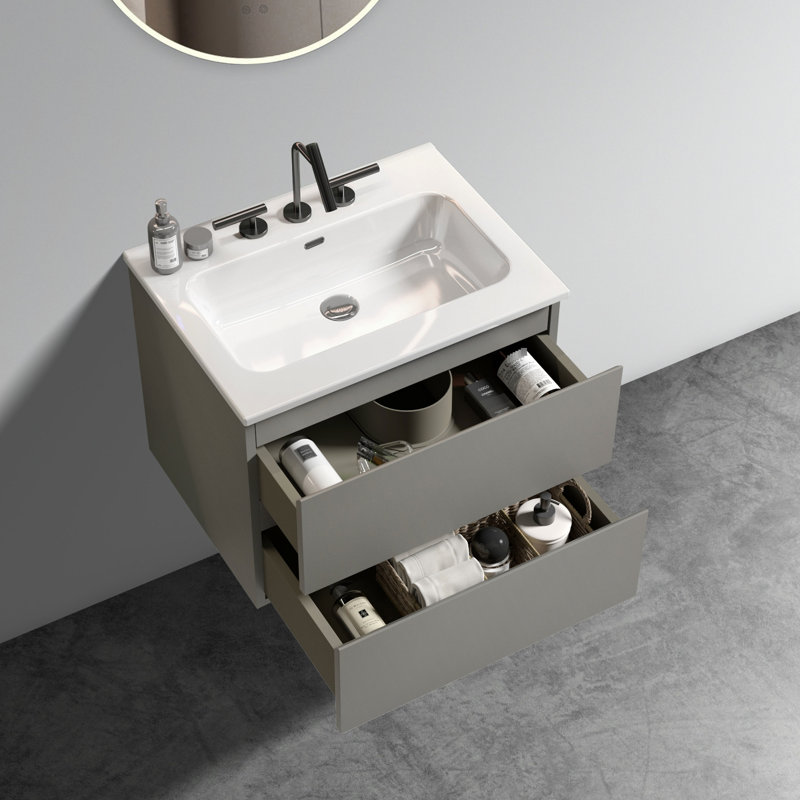 Meuble-lavabo de salle de bain gris sidéral de 24 pouces avec lavabo en céramique et design fonctionnel, trois trous pour robinetterie et préassemblé