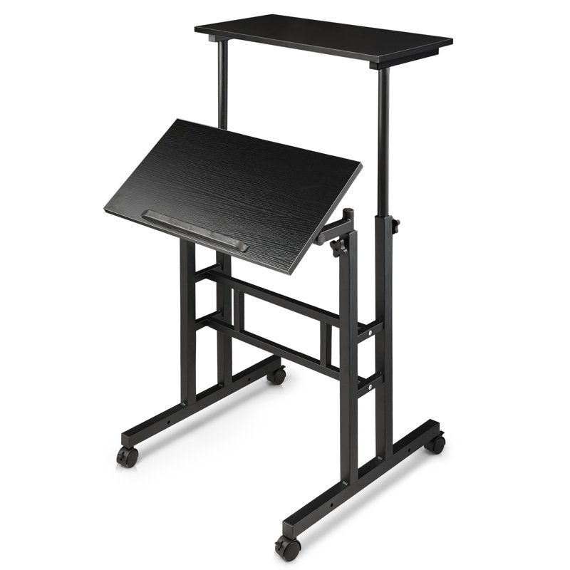 Adjustable Rolling Computer Desk Mobile Tiltable Laptop Tray with Shelf, Black