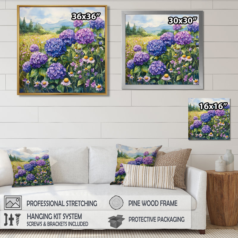 Hortensias dans un champ de fleurs sauvages - hydrangées, art mural, H 36 po x l 36 po, Noir, noir, noir, noir