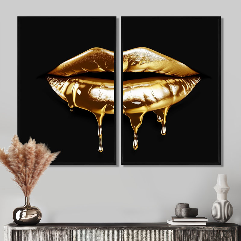Lèvres dorées de luxe V - grande décoration murale tendance, H 36 po x l 48 po, Reproduction encadrée sans passe-partout