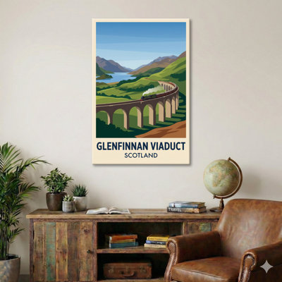 Glenfinnan Viaduct, Scotland - Romantic Highlands Travel Poster With Steam Train. Giclee Print On Wrapped Canvas. Wall Art, Home Decor - Transport & Engineering, Scotland - Wrapped Canvas Print