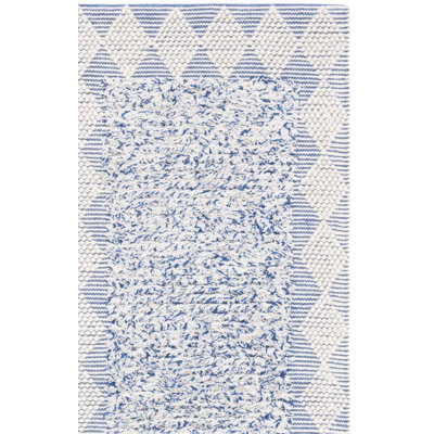 Tapis bleu / ivoire en laine et en coton tissé à la main Natura