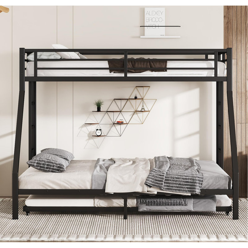 Metal Bunk Bed with Trundle, Black, Twin XL Over Queen
